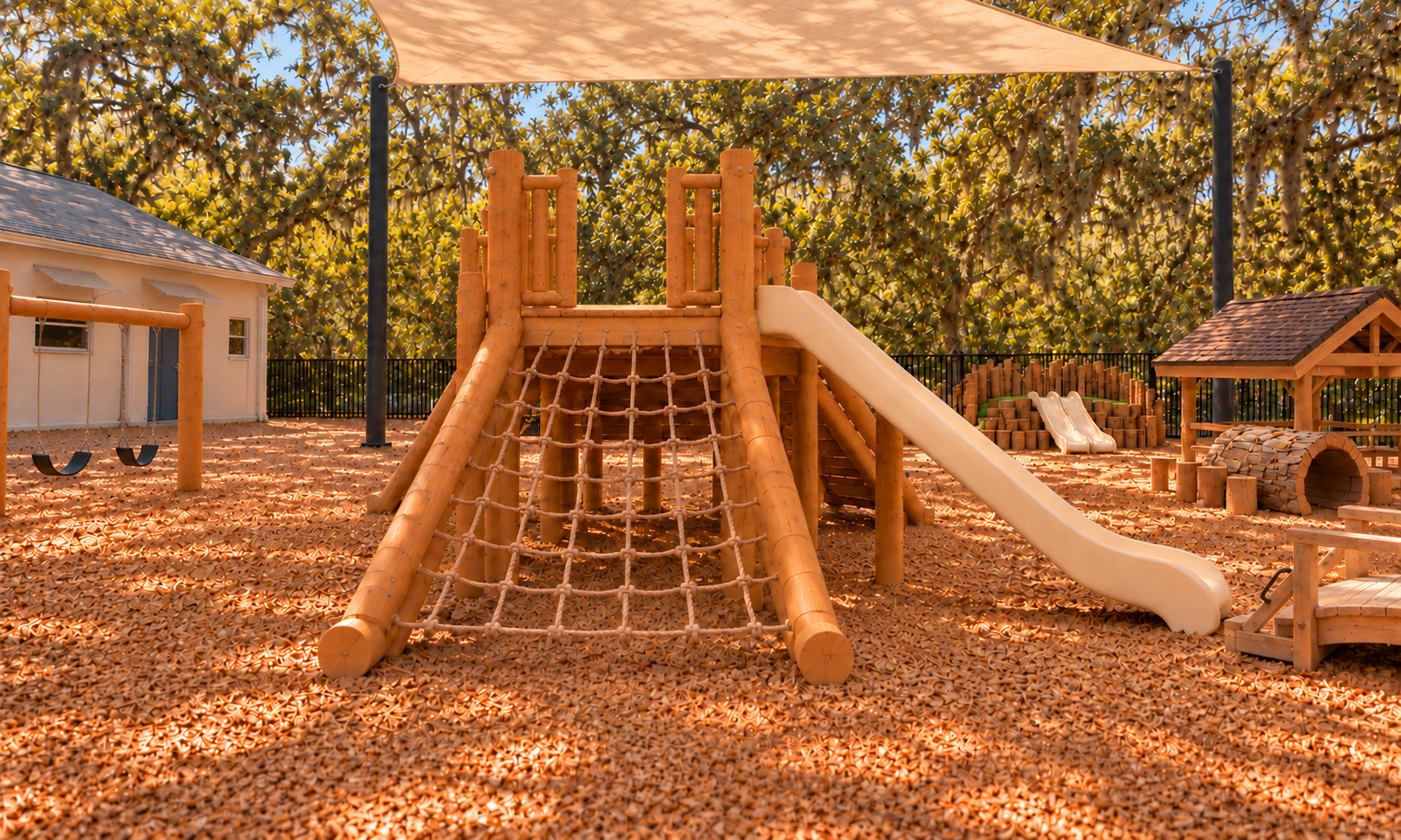 West-side view · elevated play structure