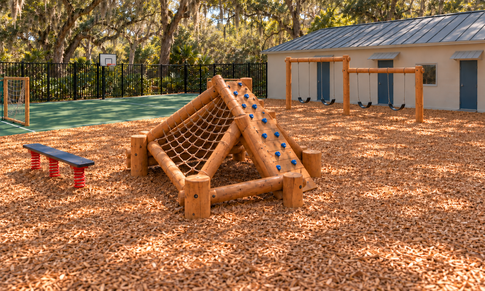 Climber, fixed springboard location and swings